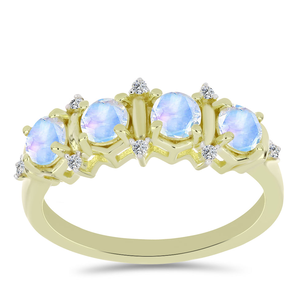 Pozlacené Stříbro 925/1000 - Prsten s Duhovým Měsíčním Kamenem a Bílým Topazem - Karátové číslo: 1.13. přibližná hmotnost: 2.88 gramů