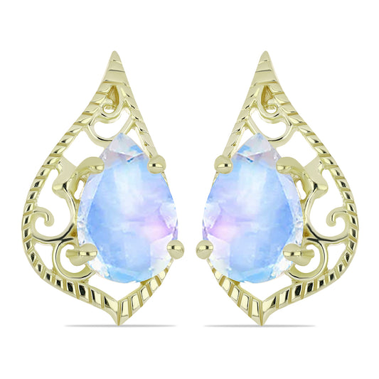 Pozlacené Stříbro 925/1000 - Náušnice s Duhovým Měsíčním Kamenem - Karátové číslo: 5.63. přibližná hmotnost: 5.85 gramů