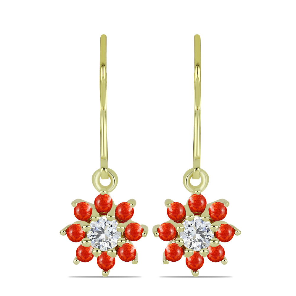 Pozlacené stříbro 925/1000 Náušnice s Červeným Houbovým Korálem a Bílým Topazem - Karátové číslo: 1.25. přibližná hmotnost: 2.5 gramů 1 