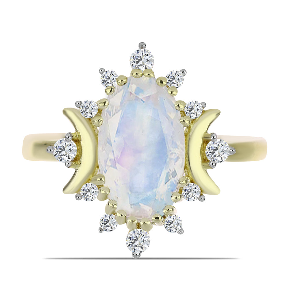 Pozlacený Stříbrný Prsten s Duhovým Měsíčním Kamenem a Bílým Topazem 1 