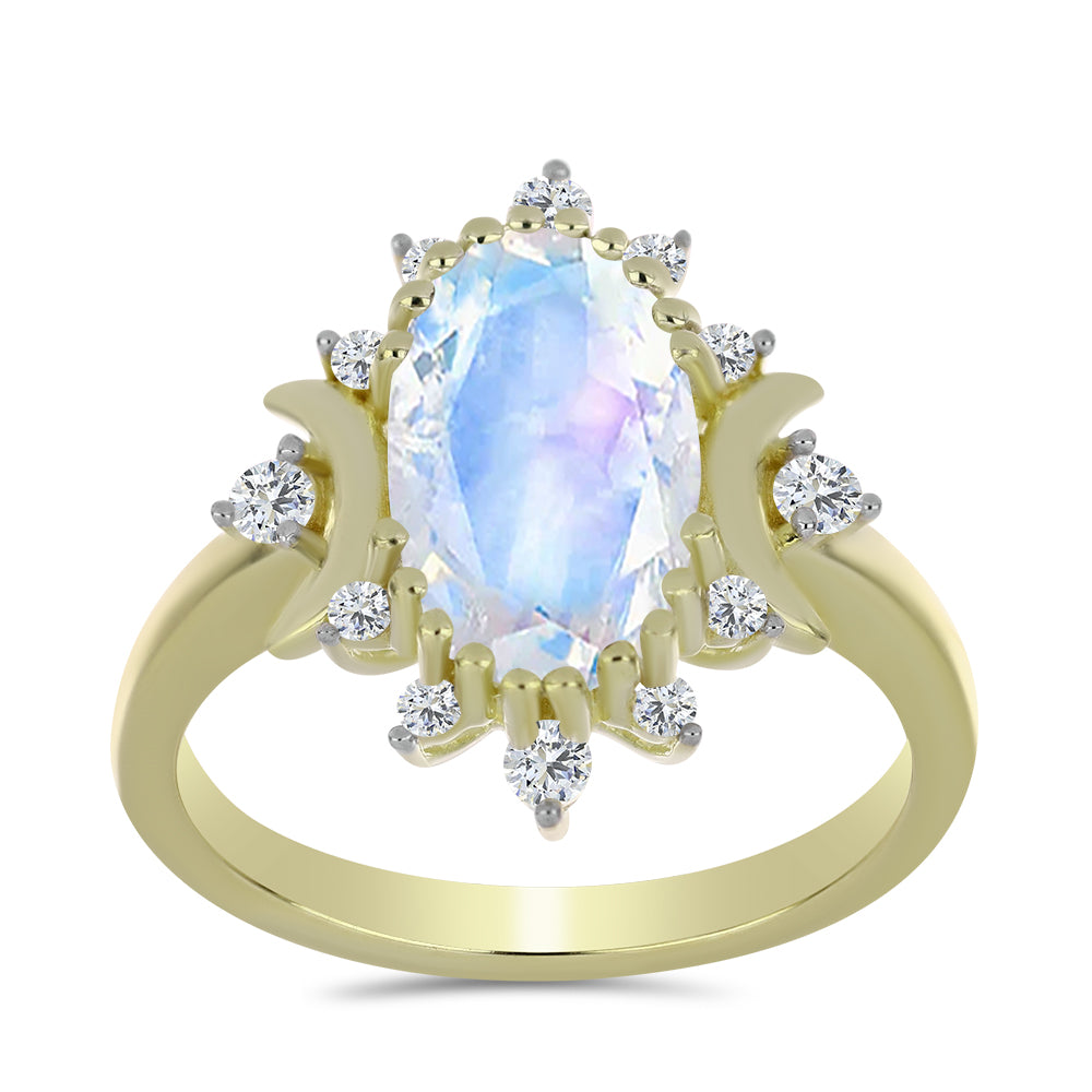 Pozlacený Stříbrný Prsten s Duhovým Měsíčním Kamenem a Bílým Topazem 3 