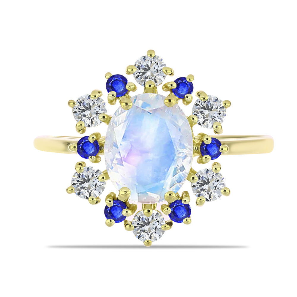 Pozlacený Stříbrný Prsten s Duhovým Měsíčním Kamenem a Australským Modrým Safírem 1 