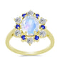 Pozlacený Stříbrný Prsten s Duhovým Měsíčním Kamenem a Australským Modrým Safírem