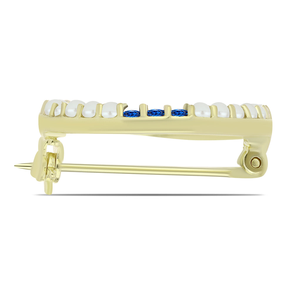 Pozlacené stříbro 925/1000 Brož s Bílou Sladkovodní Perlou a Australským Modrým Safírem - Karátové číslo: 1.41. přibližná hmotnost: 2.44 gramů