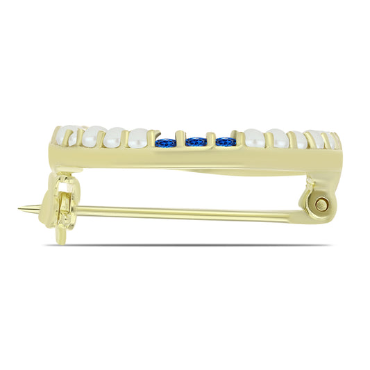 Pozlacené stříbro 925/1000 Brož s Bílou Sladkovodní Perlou a Australským Modrým Safírem - Karátové číslo: 1.41. přibližná hmotnost: 2.44 gramů