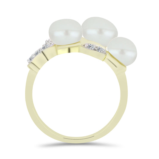 Pozlacené Stříbro 925/1000 - Prsten s Bílou Sladkovodní Perlou a Bílým Topazem - Karátové číslo: 6.37. přibližná hmotnost: 5.62 gramů