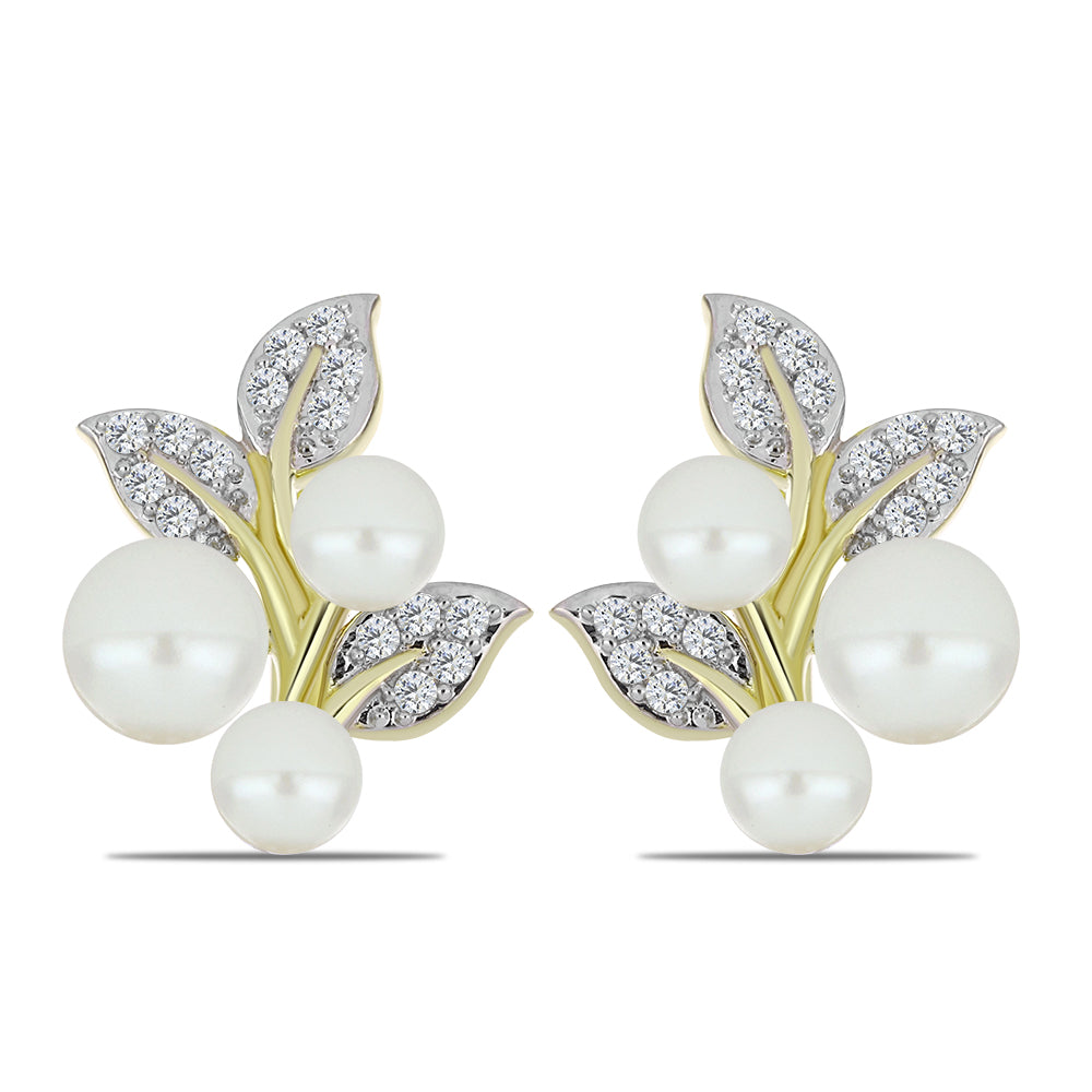 Pozlacené stříbro 925/1000 Náušnice s Bílou Sladkovodní Perlou a Bílým Topazem - Karátové číslo: 5.6. přibližná hmotnost: 5.64 gramů