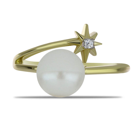 Pozlacené Stříbro 925/1000 - Prsten s Bílou Sladkovodní Perlou a Bílým Topazem - Karátové číslo: 2.86. přibližná hmotnost: 3.22 gramů