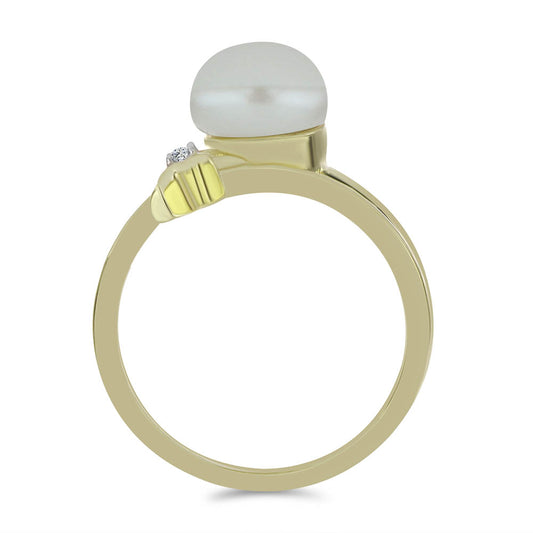 Pozlacené Stříbro 925/1000 - Prsten s Bílou Sladkovodní Perlou a Bílým Topazem - Karátové číslo: 2.86. přibližná hmotnost: 3.22 gramů