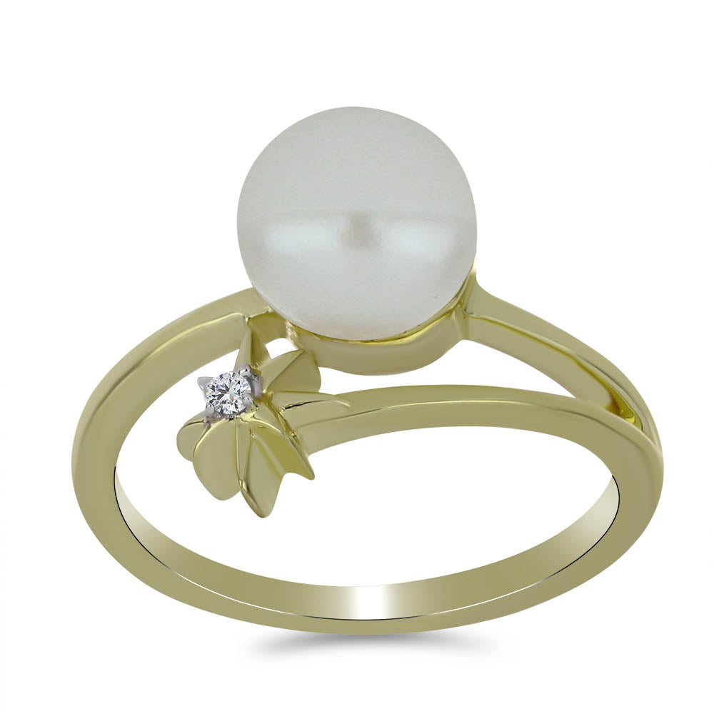 Pozlacené Stříbro 925/1000 - Prsten s Bílou Sladkovodní Perlou a Bílým Topazem - Karátové číslo: 2.86. přibližná hmotnost: 3.22 gramů