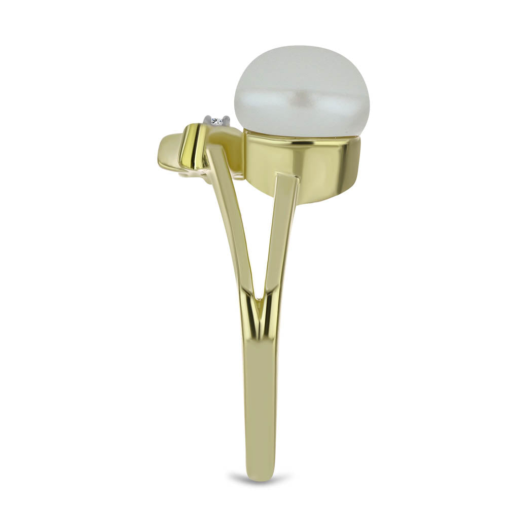 Pozlacené Stříbro 925/1000 - Prsten s Bílou Sladkovodní Perlou a Bílým Topazem - Karátové číslo: 2.86. přibližná hmotnost: 3.22 gramů 4 