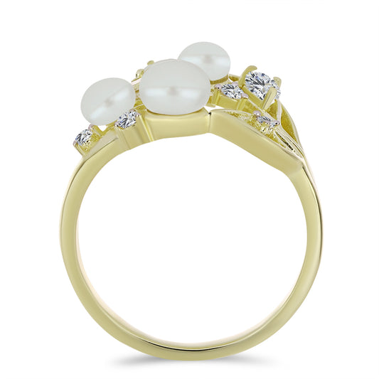 Pozlacené Stříbro 925/1000 - Prsten s Bílou Sladkovodní Perlou a Bílým Topazem - Karátové číslo: 4.82. přibližná hmotnost: 4.75 gramů