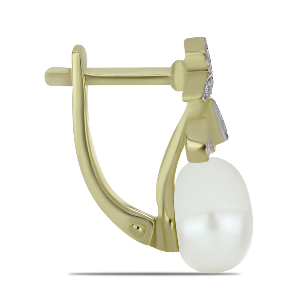 Pozlacené Stříbro 925/1000 - Náušnice s Bílou Sladkovodní Perlou a Bílým Topazem - Karátové číslo: 5.82. přibližná hmotnost: 4 gramů 2 