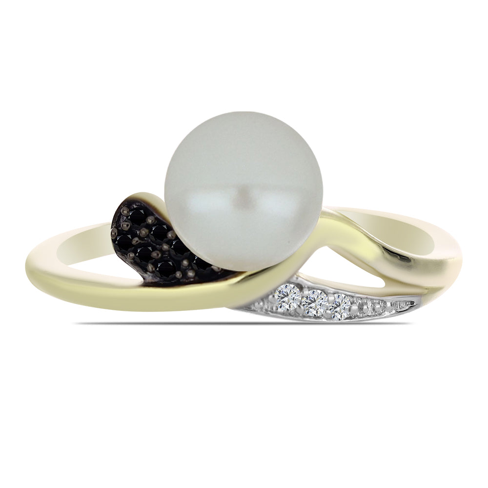 Pozlacené Stříbro 925/1000 - Prsten s Bílou Sladkovodní Perlou a Černým spinelem - Karátové číslo: 2.95. přibližná hmotnost: 3.23 gramů 1 