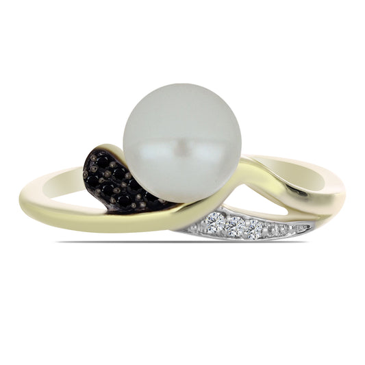 Pozlacené Stříbro 925/1000 - Prsten s Bílou Sladkovodní Perlou a Černým spinelem - Karátové číslo: 2.95. přibližná hmotnost: 3.23 gramů