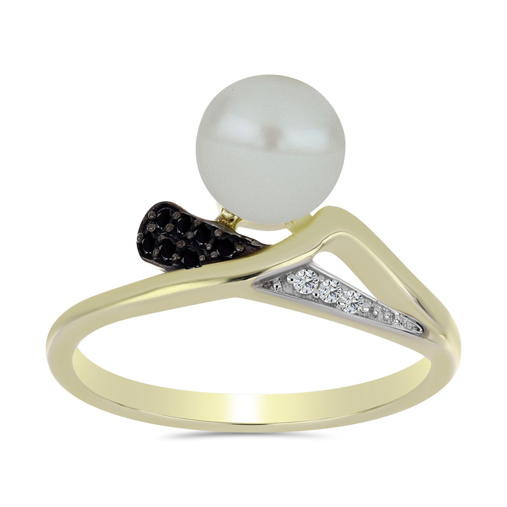 Pozlacené Stříbro 925/1000 - Prsten s Bílou Sladkovodní Perlou a Černým spinelem - Karátové číslo: 2.95. přibližná hmotnost: 3.23 gramů 3 
