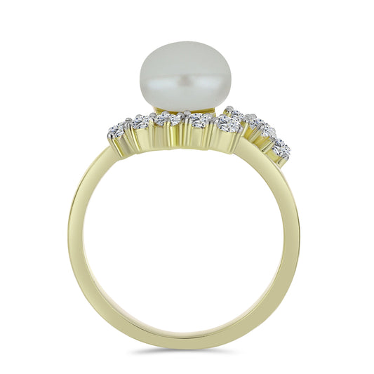 Pozlacené Stříbro 925/1000 - Prsten s Bílou Sladkovodní Perlou a Bílým Topazem - Karátové číslo: 3.3. přibližná hmotnost: 3.37 gramů