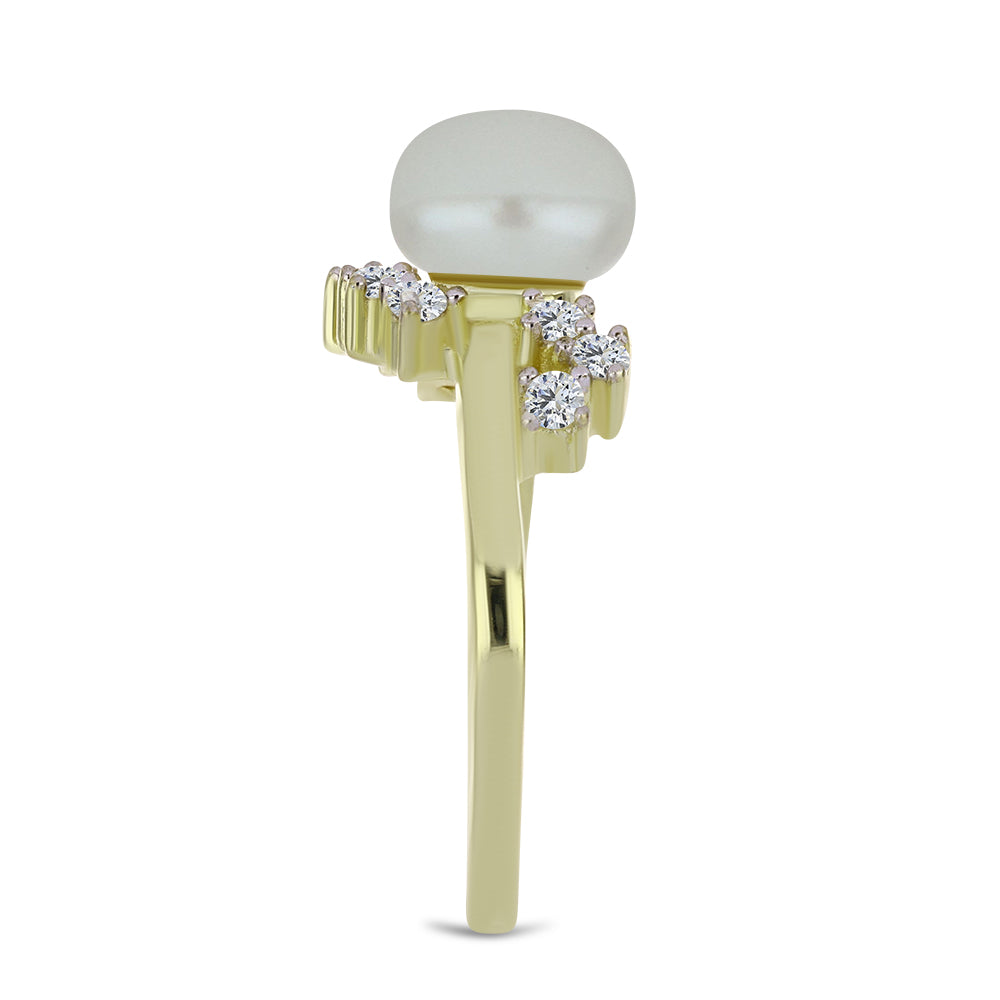 Pozlacené Stříbro 925/1000 - Prsten s Bílou Sladkovodní Perlou a Bílým Topazem - Karátové číslo: 3.3. přibližná hmotnost: 3.37 gramů 4 