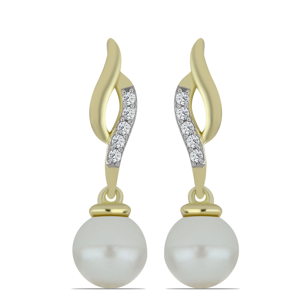 Pozlacené Stříbro 925/1000 - Náušnice s Bílou Sladkovodní Perlou a Bílým Topazem - Karátové číslo: 6.16. přibližná hmotnost: 4.12 gramů