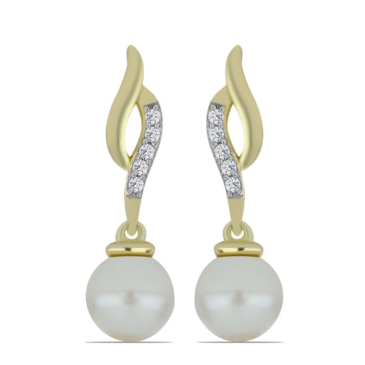 Pozlacené Stříbro 925/1000 - Náušnice s Bílou Sladkovodní Perlou a Bílým Topazem - Karátové číslo: 6.16. přibližná hmotnost: 4.12 gramů