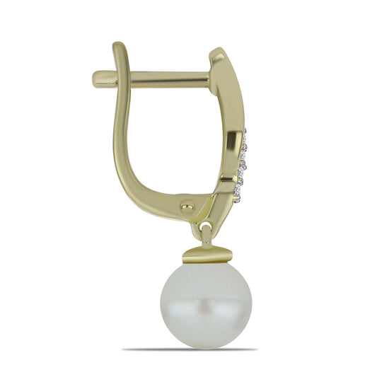 Pozlacené Stříbro 925/1000 - Náušnice s Bílou Sladkovodní Perlou a Bílým Topazem - Karátové číslo: 6.16. přibližná hmotnost: 4.12 gramů