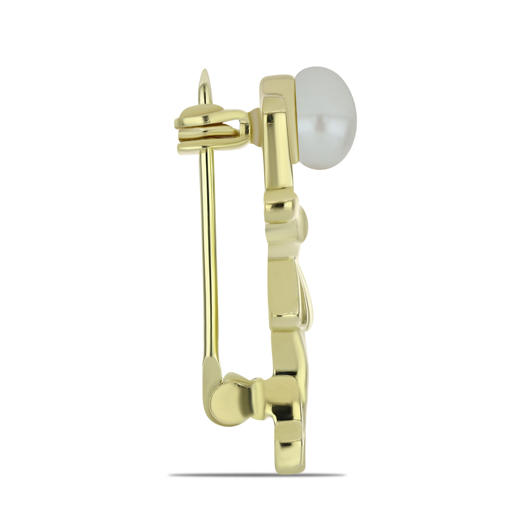 Pozlacené Stříbro 925/1000 - Brož s Bílou Sladkovodní Perlou - Karátové číslo: 1.08. přibližná hmotnost: 2.28 gramů 2 