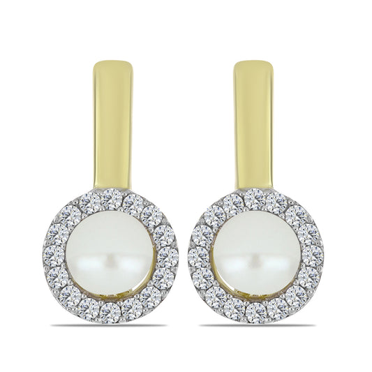 Pozlacené Stříbro 925/1000 - Náušnice s Bílou Sladkovodní Perlou a Bílým Topazem - Karátové číslo: 3.12. přibližná hmotnost: 4.61 gramů