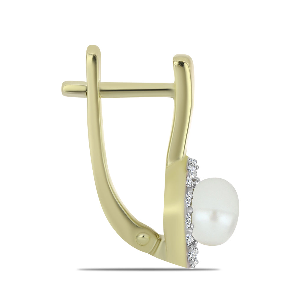 Pozlacené Stříbro 925/1000 - Náušnice s Bílou Sladkovodní Perlou a Bílým Topazem - Karátové číslo: 3.12. přibližná hmotnost: 4.61 gramů 2 