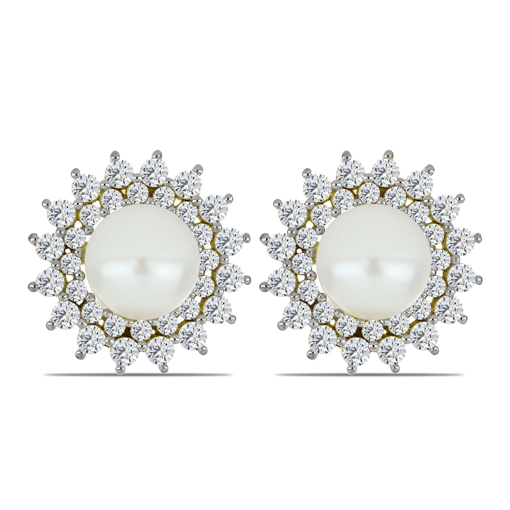 Pozlacené Stříbro 925/1000 - Náušnice s Bílou Sladkovodní Perlou a Bílým Topazem - Karátové číslo: 7.62. přibližná hmotnost: 6.61 gramů 1 