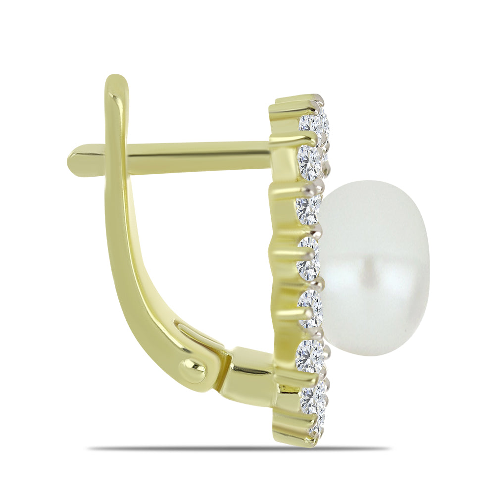 Pozlacené Stříbro 925/1000 - Náušnice s Bílou Sladkovodní Perlou a Bílým Topazem - Karátové číslo: 7.62. přibližná hmotnost: 6.61 gramů 2 