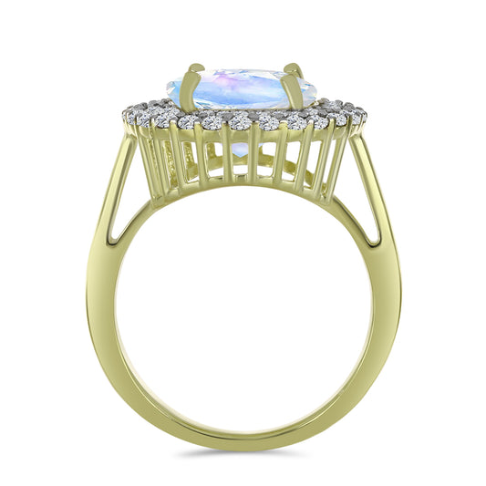 Pozlacený Stříbrný Prsten s Duhovým Měsíčním Kamenem a Akvamarínem