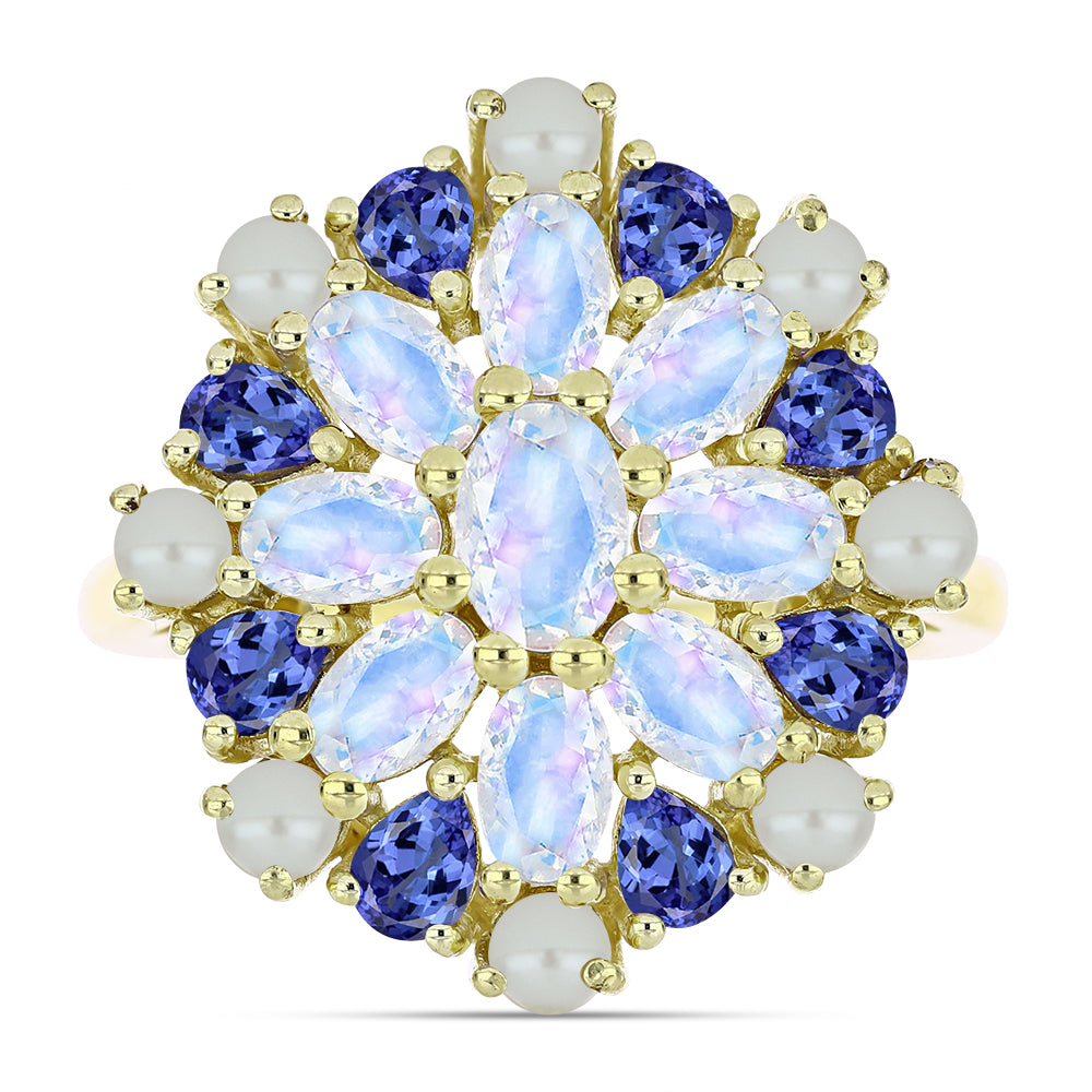 Pozlacený Stříbrný Prsten s Bílou Sladkovodní Perlou a Tanzanitem 1 