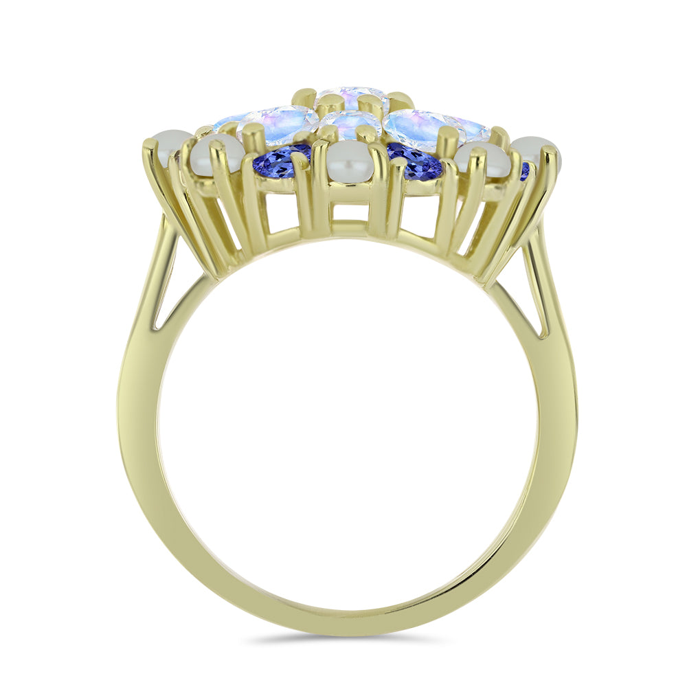 Pozlacený Stříbrný Prsten s Bílou Sladkovodní Perlou a Tanzanitem 2 