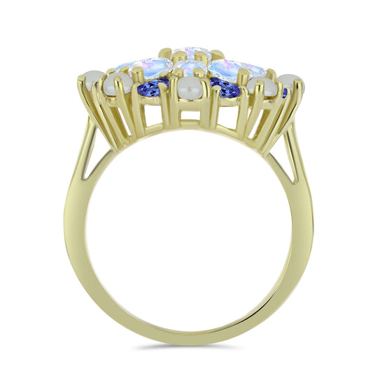 Pozlacený Stříbrný Prsten s Bílou Sladkovodní Perlou a Tanzanitem