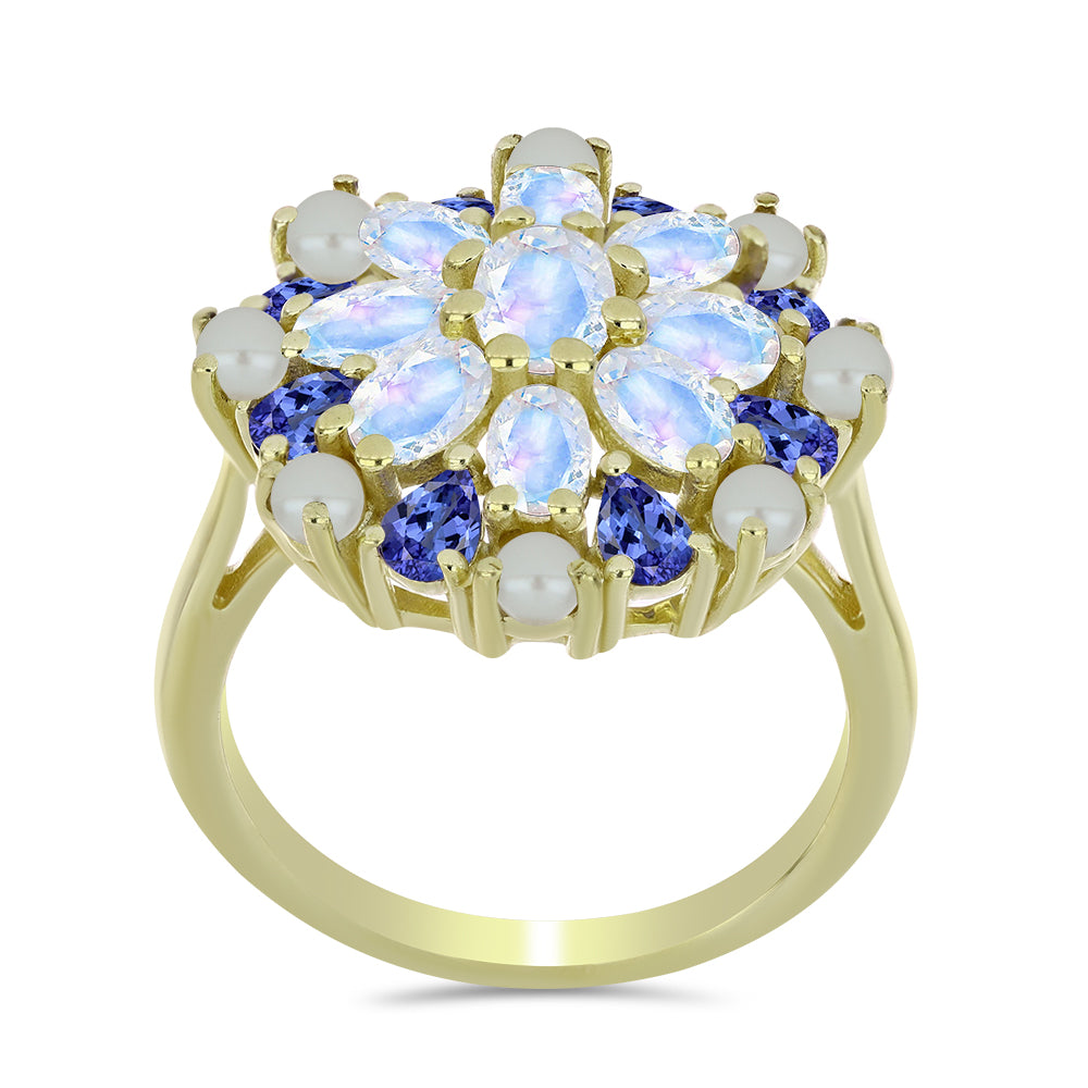 Pozlacený Stříbrný Prsten s Bílou Sladkovodní Perlou a Tanzanitem 3 