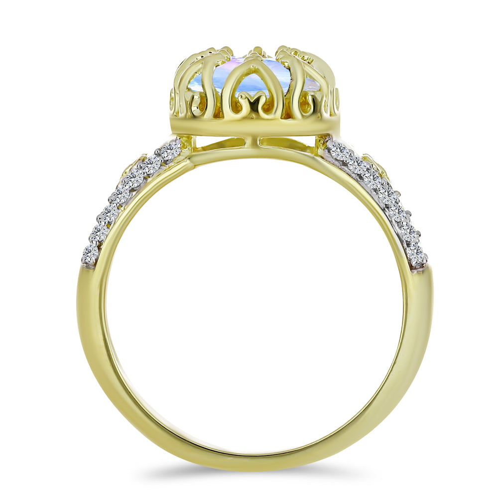 Pozlacený Stříbrný Prsten s Duhovým Měsíčním Kamenem a Bílým Topazem 2 