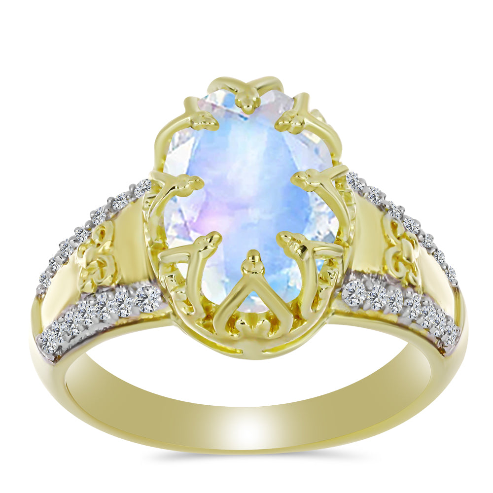 Pozlacený Stříbrný Prsten s Duhovým Měsíčním Kamenem a Bílým Topazem 3 