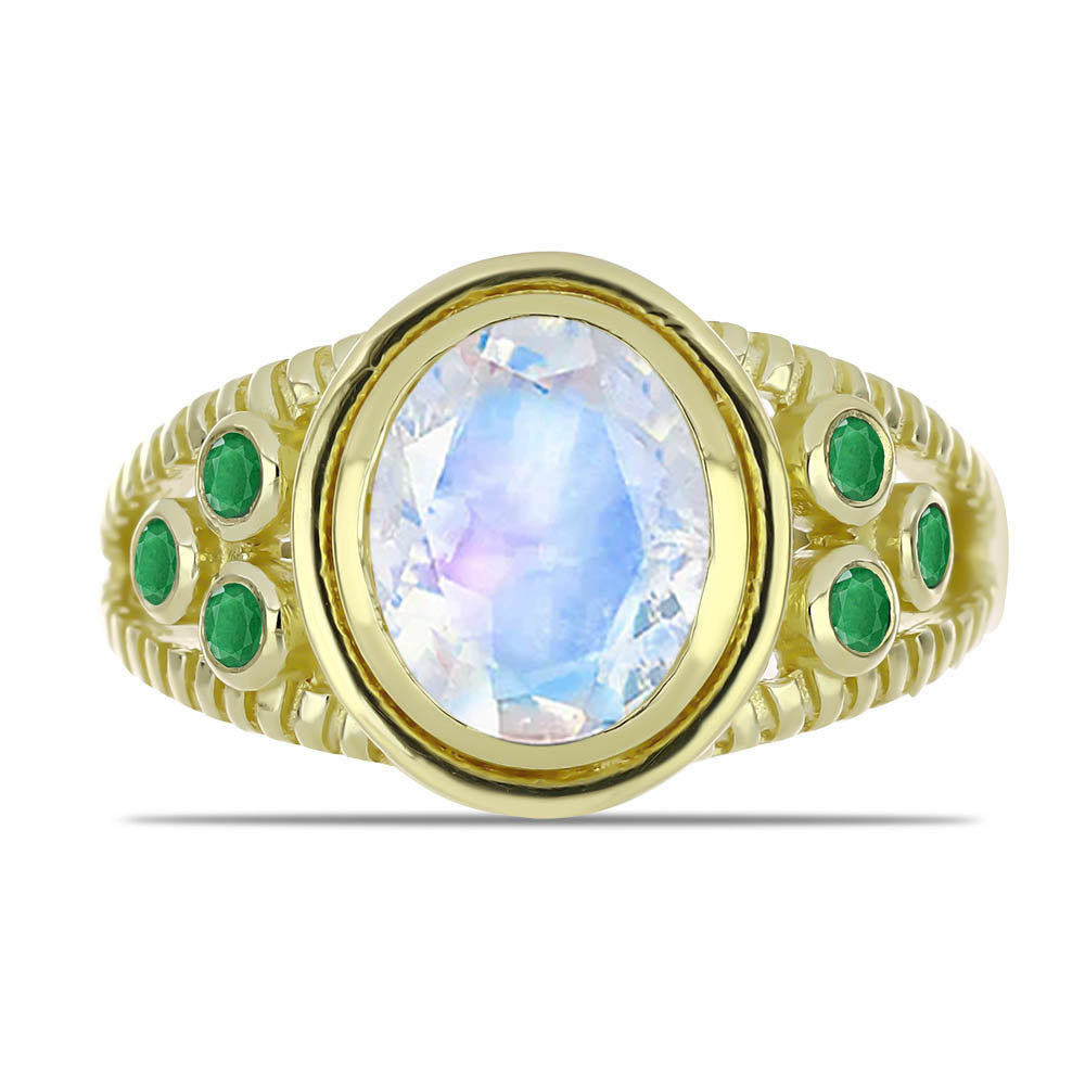 Pozlacený Stříbrný Prsten s Duhovým Měsíčním Kamenem a Brazilským Smaragdem