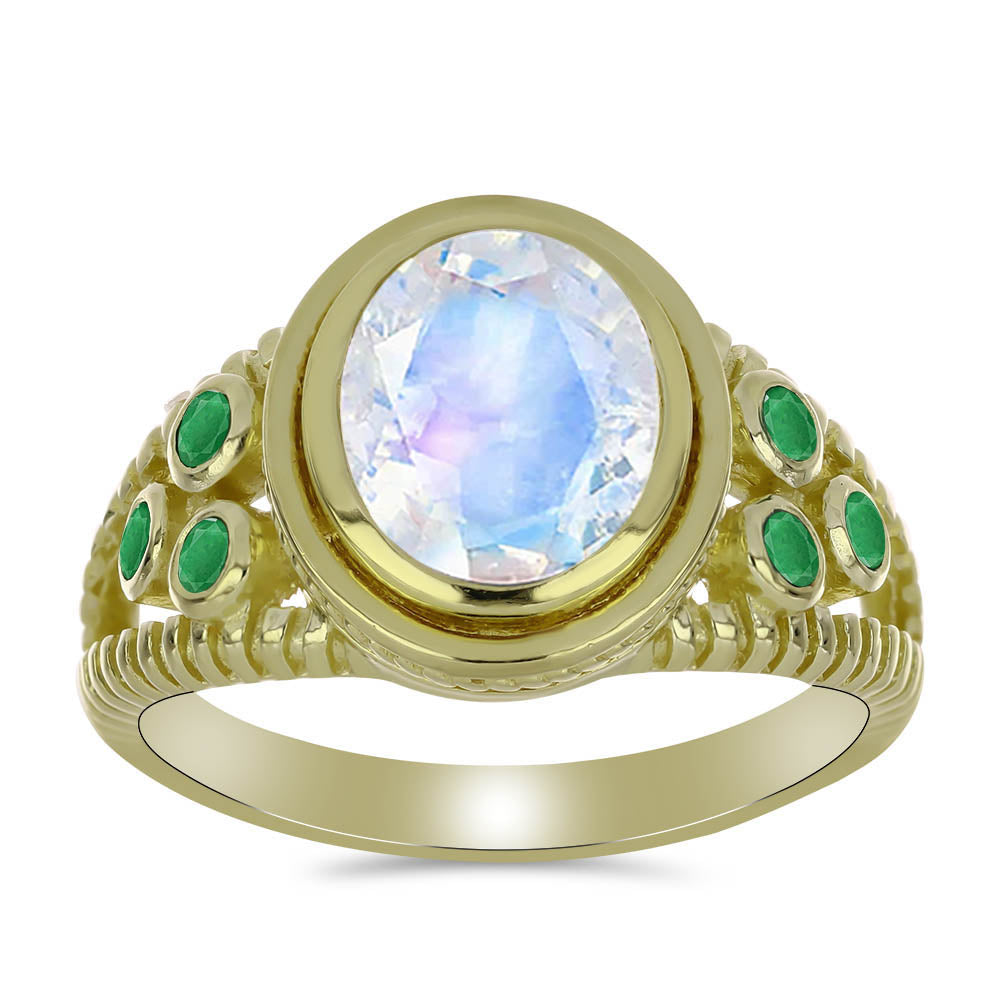 Pozlacený Stříbrný Prsten s Duhovým Měsíčním Kamenem a Brazilským Smaragdem 3 