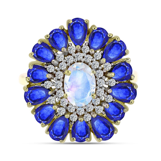 Pozlacené Stříbro 925/1000 - Prsten s Duhovým Měsíčním Kamenem a Australským Modrým Safírem - Karátové číslo: 4.77. přibližná hmotnost: 5.9 gramů