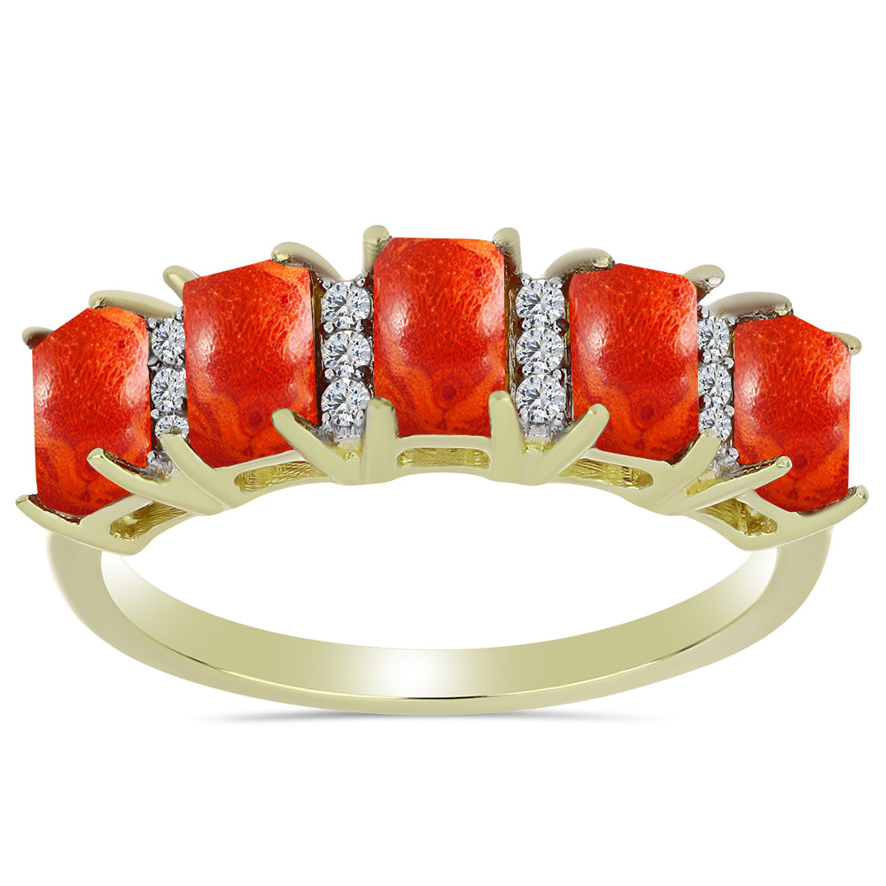 Pozlacené Stříbro 925/1000 - Prsten s Červeným Houbovým Korálem a Bílým Topazem - Karátové číslo: 1.61. přibližná hmotnost: 2.85 gramů 1 