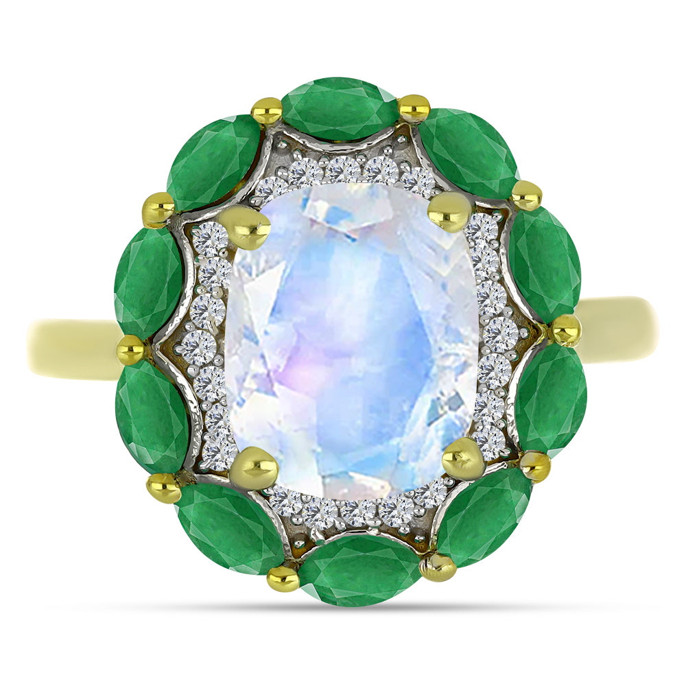 Pozlacený Stříbrný Prsten s Duhovým Měsíčním Kamenem a Brazilským Smaragdem