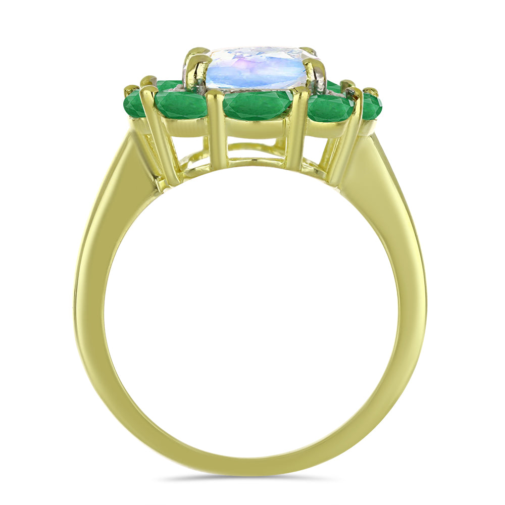 Pozlacený Stříbrný Prsten s Duhovým Měsíčním Kamenem a Brazilským Smaragdem