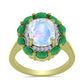 Pozlacený Stříbrný Prsten s Duhovým Měsíčním Kamenem a Brazilským Smaragdem