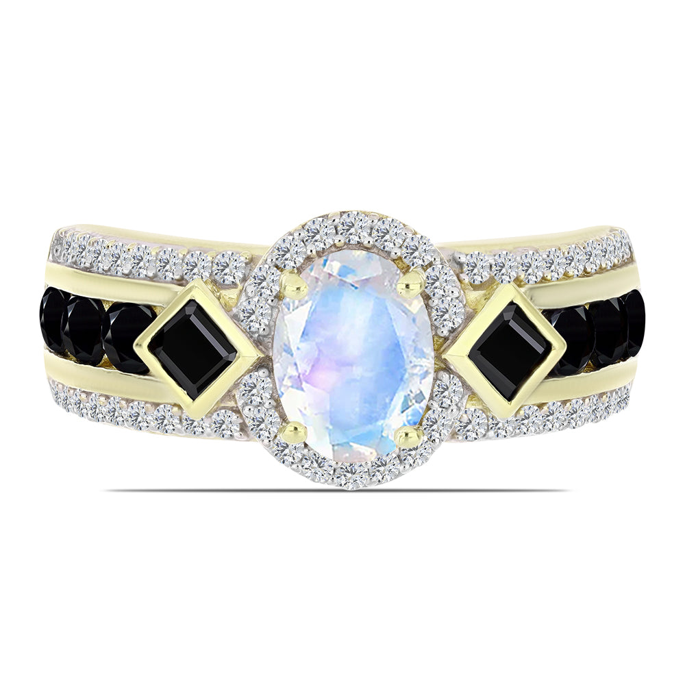 Pozlacený Stříbrný Prsten s Duhovým Měsíčním Kamenem a Černým spinelem