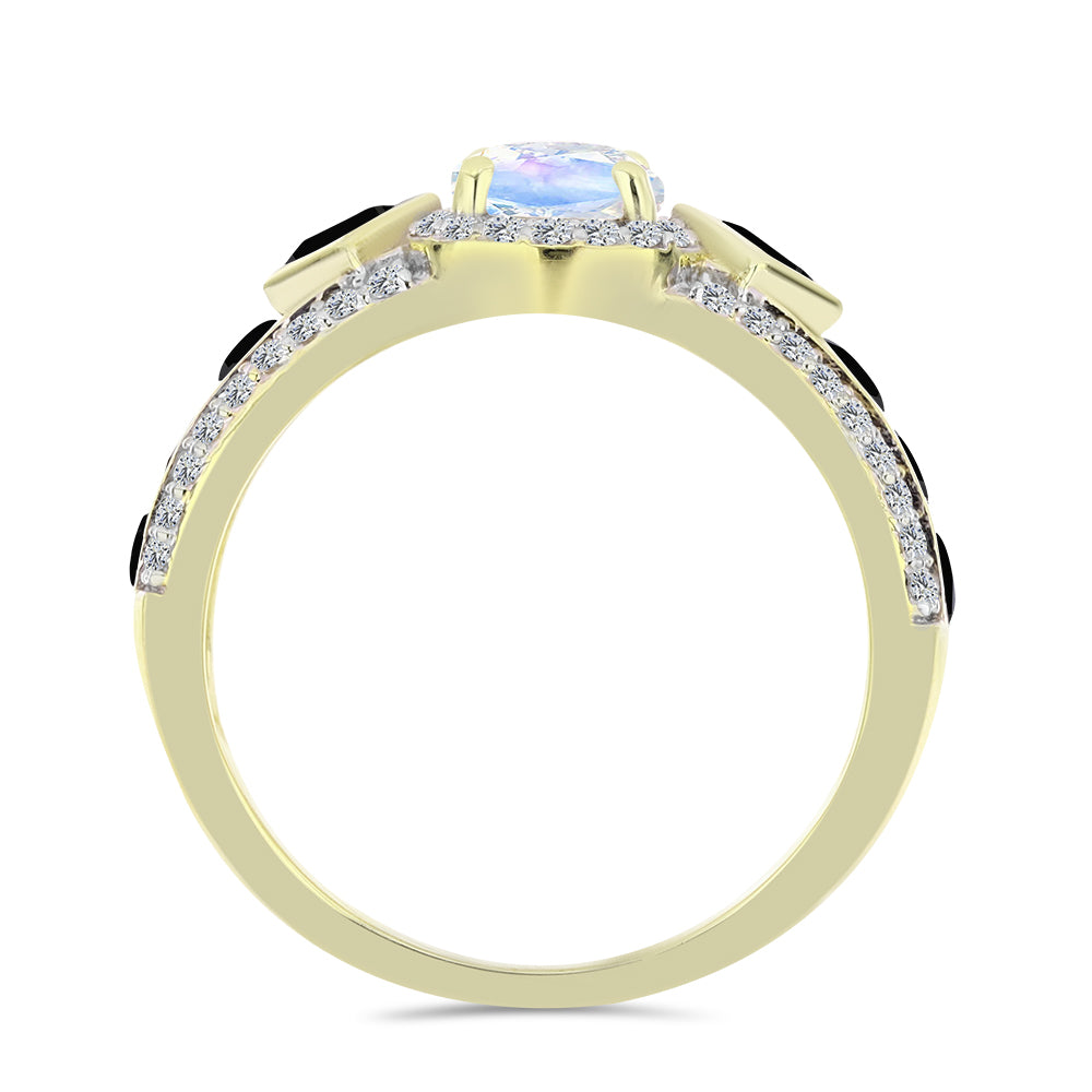 Pozlacený Stříbrný Prsten s Duhovým Měsíčním Kamenem a Černým spinelem