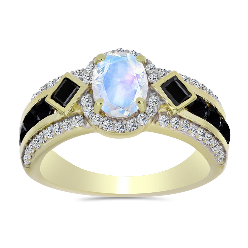 Pozlacený Stříbrný Prsten s Duhovým Měsíčním Kamenem a Černým spinelem