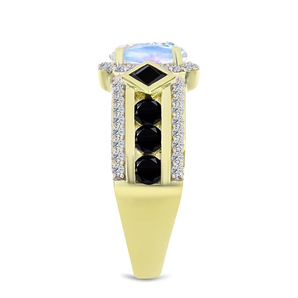 Pozlacený Stříbrný Prsten s Duhovým Měsíčním Kamenem a Černým spinelem