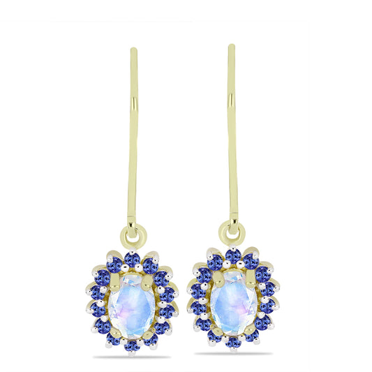 Pozlacené Stříbro 925/1000 - Náušnice s Duhovým Měsíčním Kamenem a Tanzanitem - Karátové číslo: 1.36. přibližná hmotnost: 2.44 gramů