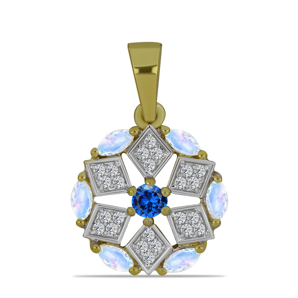 Pozlacené Stříbro 925/1000 - Přívěsek s Duhovým Měsíčním Kamenem a Australským Modrým Safírem - Karátové číslo: 0.78. přibližná hmotnost: 2.02 gramů 1 